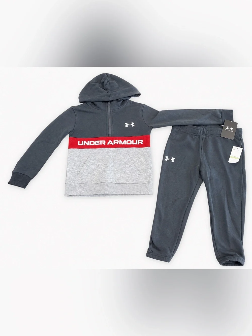 NWT Under Armour Boys 4 2 Piece Hoodie Jogger Set Pitch Gray Red MSRP $48